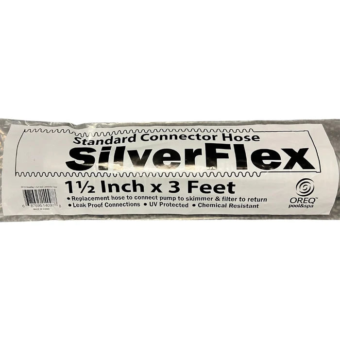 Oreq SilverFlex 1.5-inch by 3-foot swimming pool filter hose with standard connectors, displayed in its retail packaging