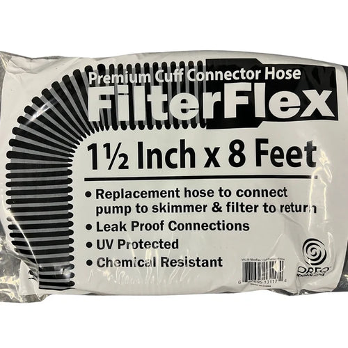 Oreq FilterFlex 1.5-inch by 8-foot premium pool hose with cuffed ends, displayed in its retail packaging