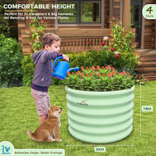 18" Tall 24" Wide Round Galvanized Steel Kids Raised Garden Beds (Set of 4) - Anleolife