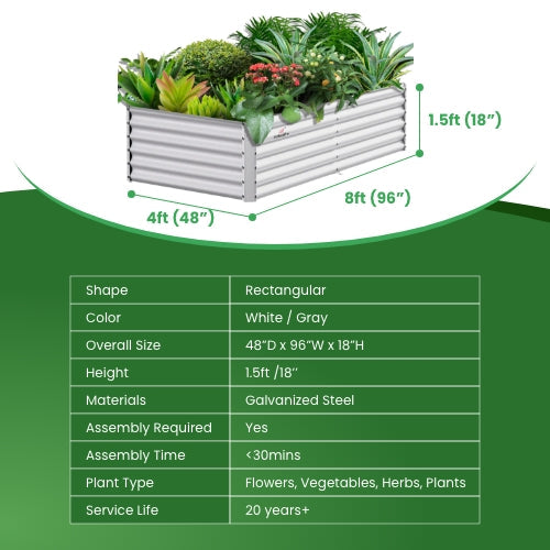 18" Tall 8x4 ft Galvanized Steel Raised Garden Bed - Anleolife