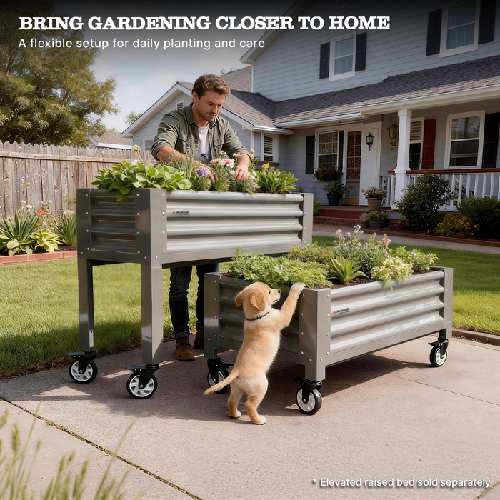 Man tending to plants in elevated raised garden beds with a dog nearby, set against a suburban home background. #quartz-gray