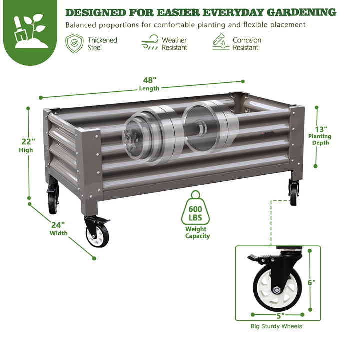 Elevated Raised Garden Bed with dimensions and features highlighted on a white background #quartz-gray