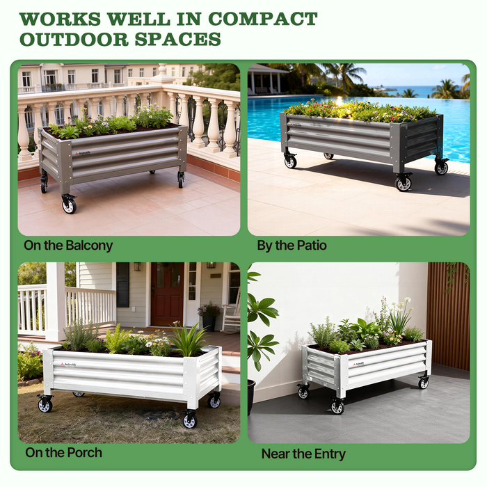 Collage of Elevated Raised Garden Bed with Low-Profile Wheels in various outdoor settings with text indicating their versatility. #quartz-gray