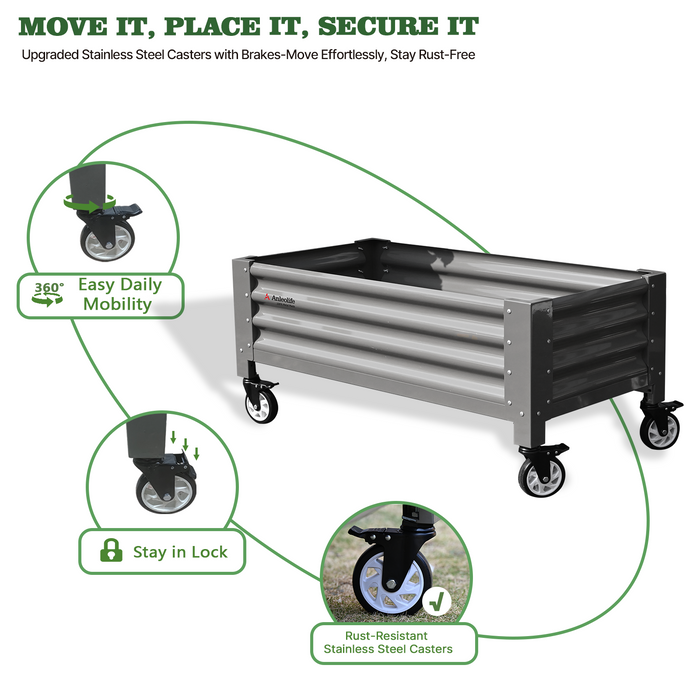 Elevated Raised Garden Bed with stainless steel casters on a white background, featuring text about caster features.  #quartz-gray