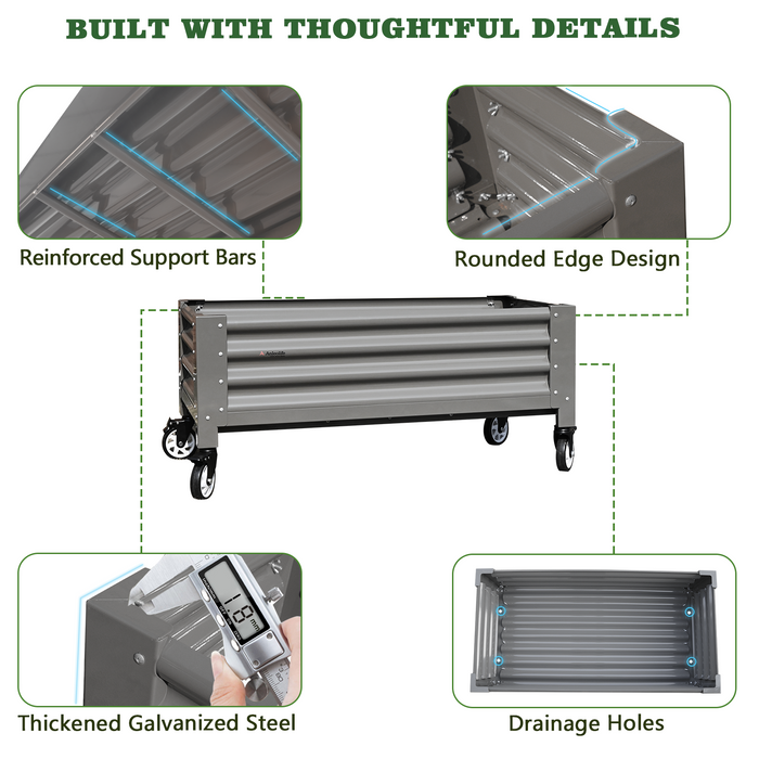 22" Tall 4x2 ft Rust-Resistant Elevated Raised Garden Bed with Low-Profile Wheels with features highlighted on a white background #quartz-gray
