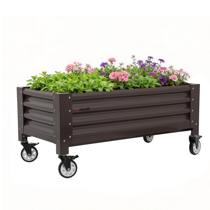 22" Tall 4x2 ft Rust-Resistant Elevated Raised Garden Bed with Low-Profile Wheels #coffee