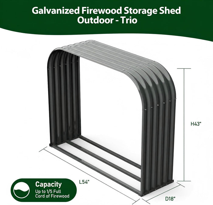 24 Cubic Ft Covered Galvanized Steel Firewood Rack, 54"W x 18"D x 43"H