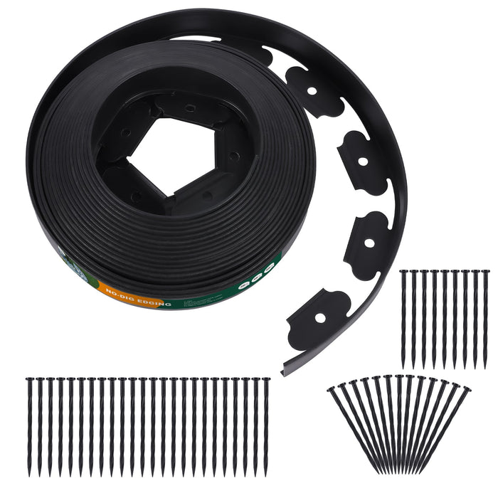 2''x20ft No-dig Black Plastic Garden Landscape Edging Kit, 24pcs Spikes incl. - Anleolife