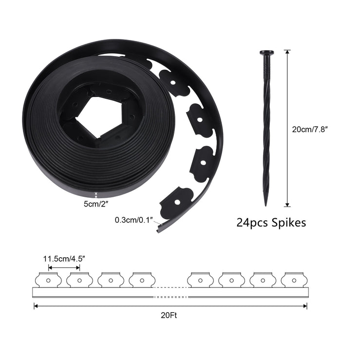 2''x20ft No-dig Black Plastic Garden Landscape Edging Kit, 24pcs Spikes incl. - Anleolife