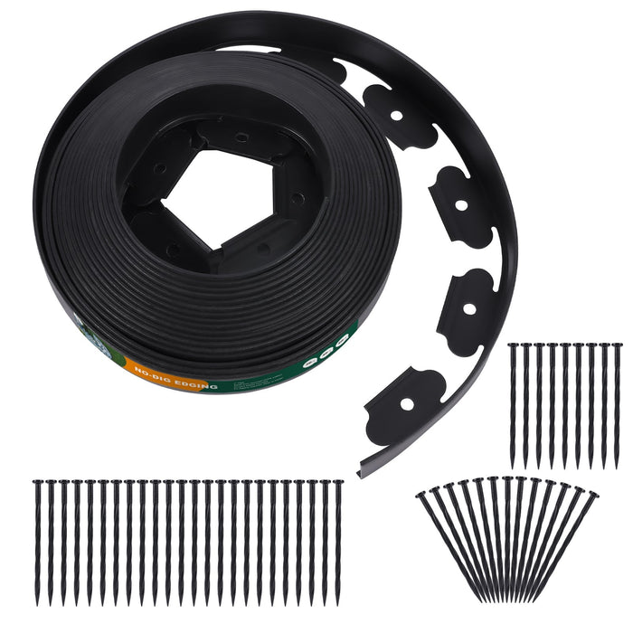 2''x60ft No-dig Black Plastic Garden Landscape Edging Kit, 72pcs Spikes incl. - Anleolife