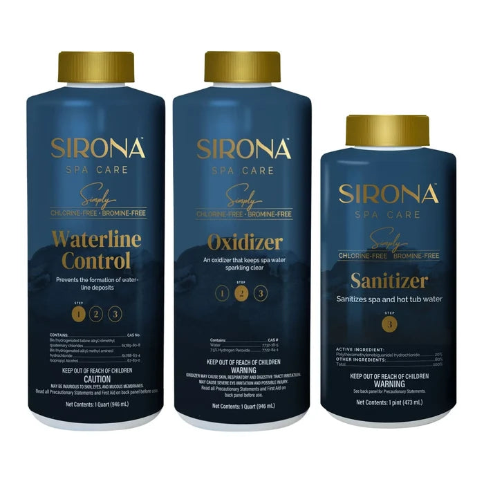 Sirona Simply 3-pack spa chemical bundle featuring bottles of Step 1 Waterline Control, Step 2 Oxidizer, and Step 3 Sanitizer