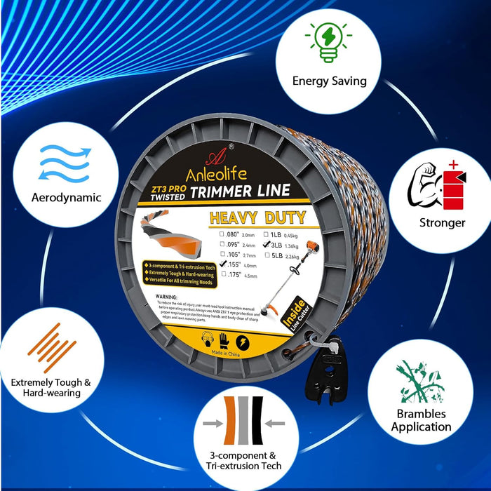 3-Pound ZT3 Pro Heavy Duty Diamond .095-Inch-by-1122-ft Twisted Trimmer Line Spool,3-Component Tri-Extrusion - Anleolife