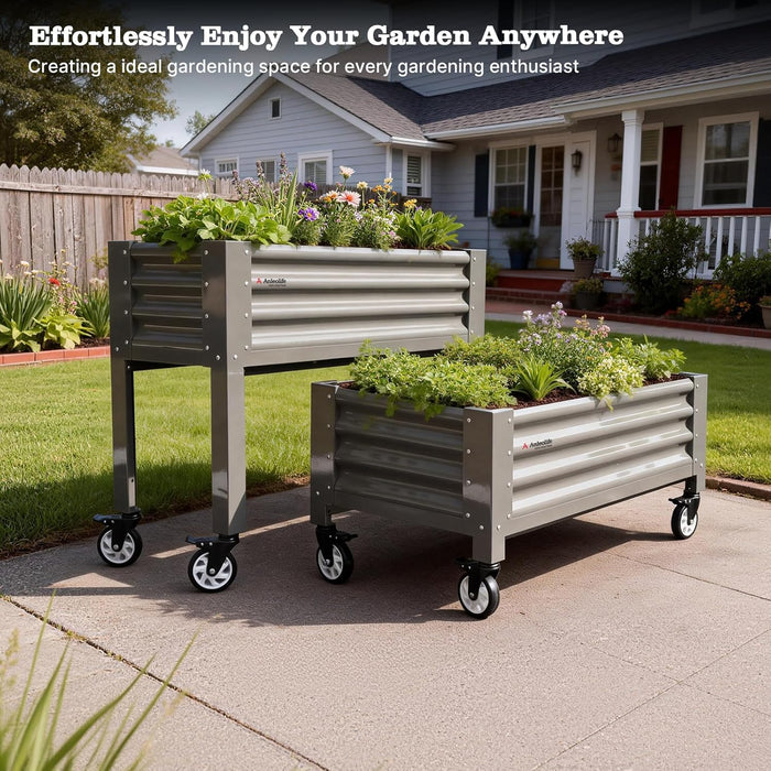 Galvanized Steel Elevated Raised Garden Bed with wheels on a patio in front of a house, with text about gardening. #quartz-gray