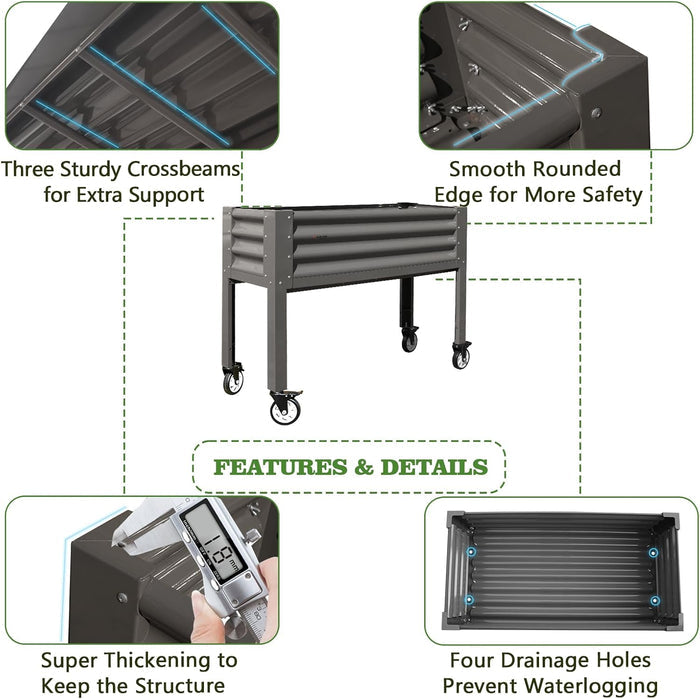 35" Waist-High 4x1.5 ft Galvanized Steel Elevated Raised Garden Bed with features highlighted on a white background #quartz-gray