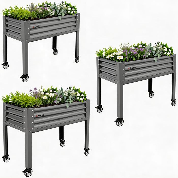 Three 35" Waist-High 4x1.5 ft Galvanized Steel Elevated Raised Garden Bed #quartz-gray
