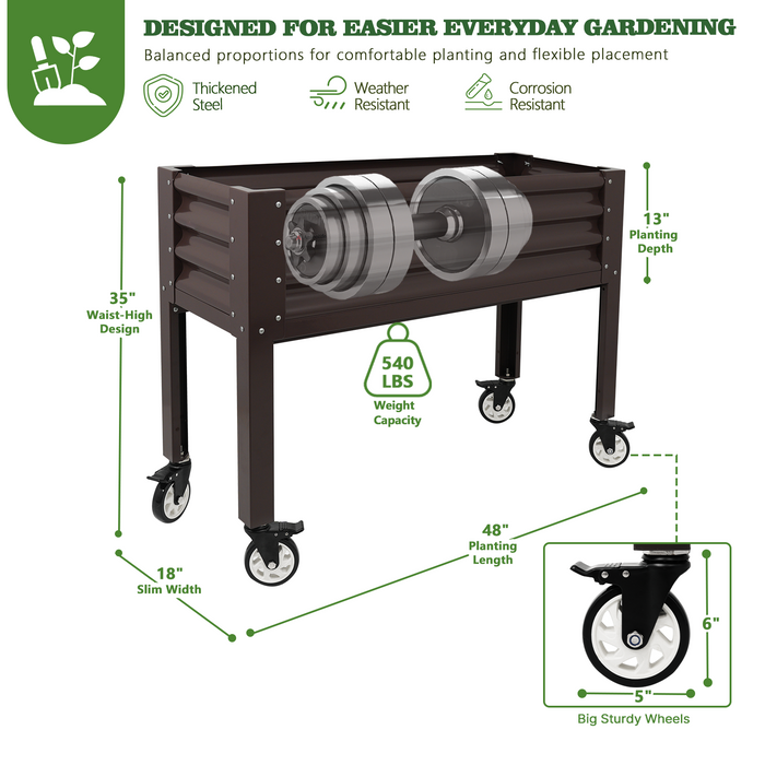 35" Waist-High 4x1.5 ft Galvanized Steel Elevated Raised Garden Bed with features and specifications on a white background #coffee
