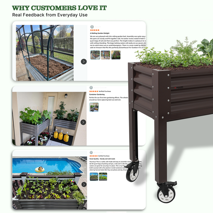 Raised garden bed with wheels and plants, surrounded by customer feedback images on a white background. #coffee