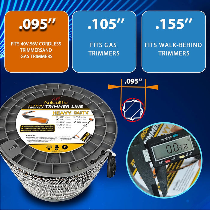 5-Pound ZT3 Pro Heavy Duty Diamond .095-Inch-by-1870-ft Twisted Trimmer Line Spool,3-Component Tri-Extrusion - Anleolife
