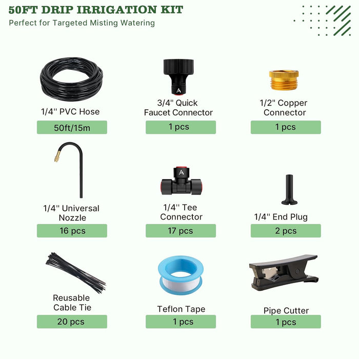 50FT Drip Irrigation Kit with Bendable Copper Nozzles for Patios, Lawns & Container Gardens