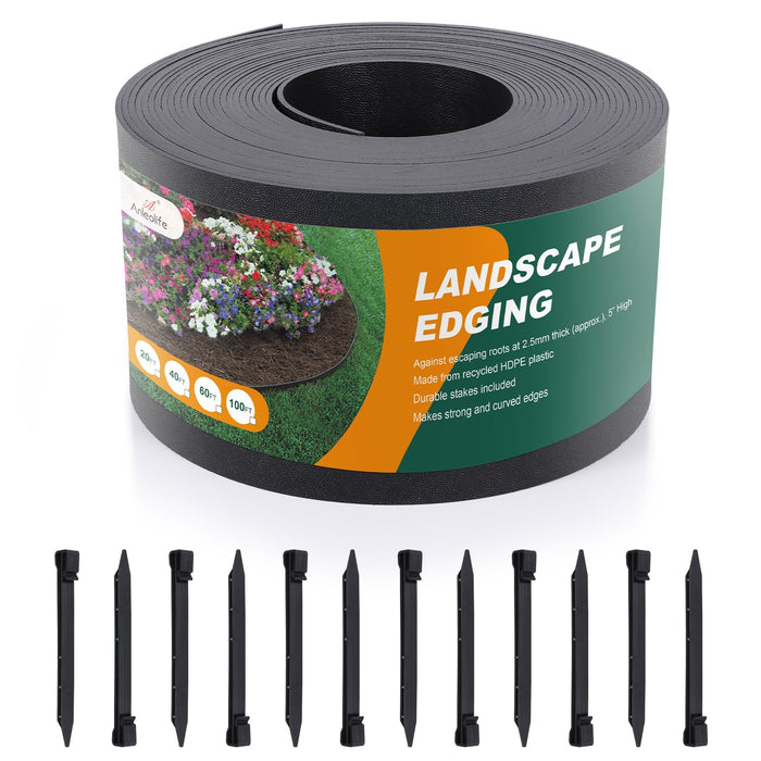 5''x 60ft Anti-UV Black Plastic Garden Landscape Edging, 18pcs Stakes incl. - Anleolife