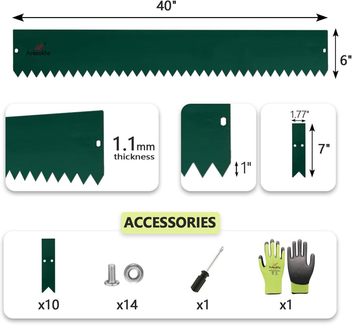6" x 40" Galvanized Steel Garden Edging, 6-Pack (20FT Total), Powder coating, Gloves & Stakes - Green - Anleolife