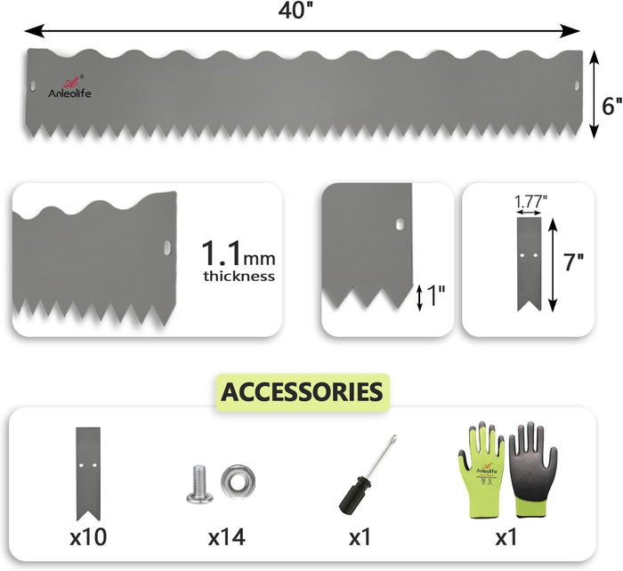 6" x 40" Galvanized Steel Garden Edging, 6-Pack (20FT Total), Powder Coating, Gloves & Stakes - Grey - Anleolife