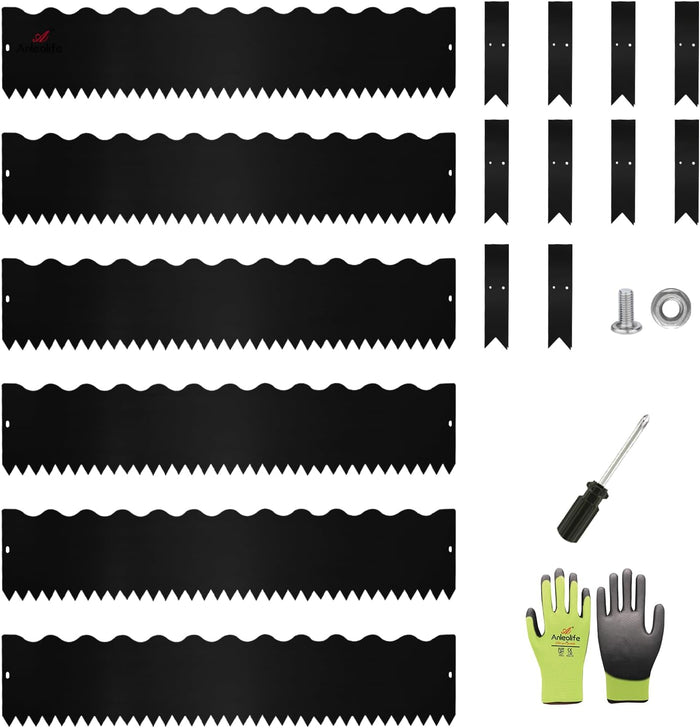 8" x 40" Wavy Edge Galvanized Steel Garden Edging, 6-Pack (20FT Total) - Black - Anleolife