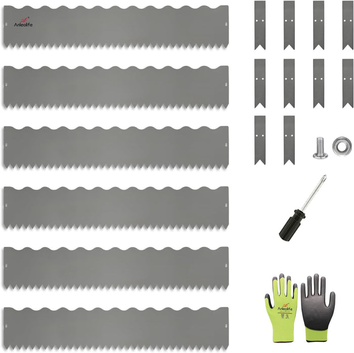 8" x 40" Wavy Edge Galvanized Steel Garden Edging, 6-Pack (20FT Total) - Grey - Anleolife