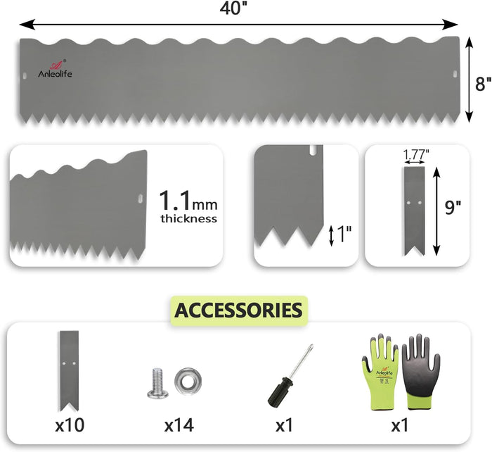 8" x 40" Wavy Edge Galvanized Steel Garden Edging, 6-Pack (20FT Total) - Grey - Anleolife