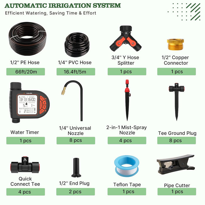 82.4FT Automatic Drip Irrigation Kit with Timer for Raised Beds, Garden & Lawn