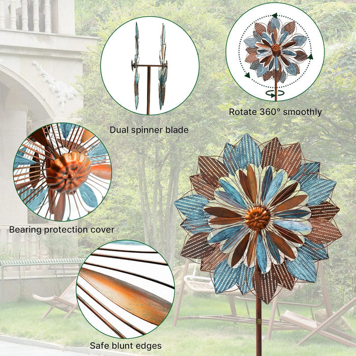 84"  Outdoor Metal Kinetic Wind Spinner – Retro Flame, Coffee & Gray-Blue