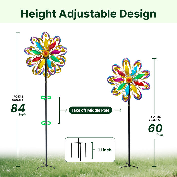84" Tall Outdoor Metal Kinetic Wind Spinner – Retro Flame Design, Colorful 360-Degree Rotation