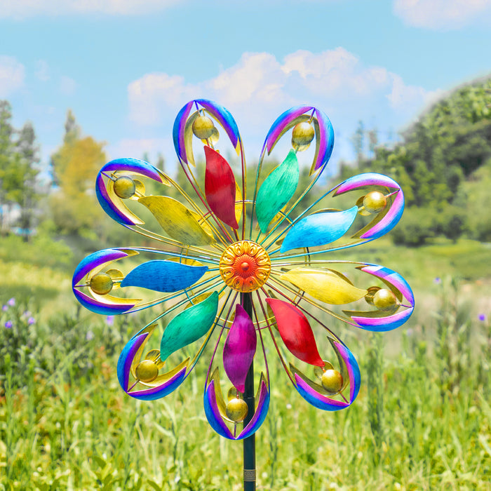 84" Tall Outdoor Metal Kinetic Wind Spinner – Retro Flame Design, Colorful 360-Degree Rotation