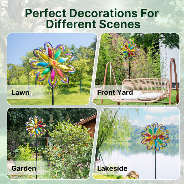 84" Tall Outdoor Metal Kinetic Wind Spinner – Retro Flame Design, Colorful 360-Degree Rotation