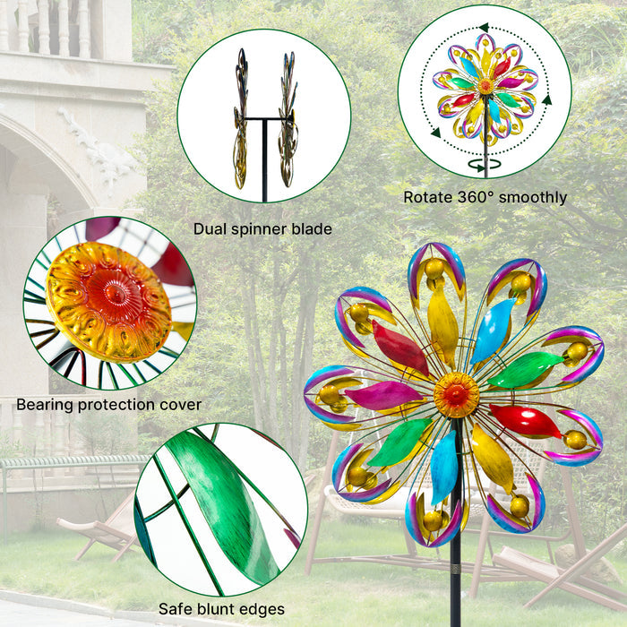 84" Tall Outdoor Metal Kinetic Wind Spinner – Retro Flame Design, Colorful 360-Degree Rotation