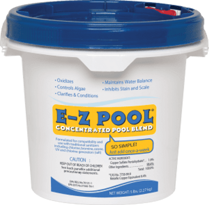 API E-Z Pool 5 lb. concentrated pool chemical blend bucket, a non-chlorine alternative for pool water maintenance