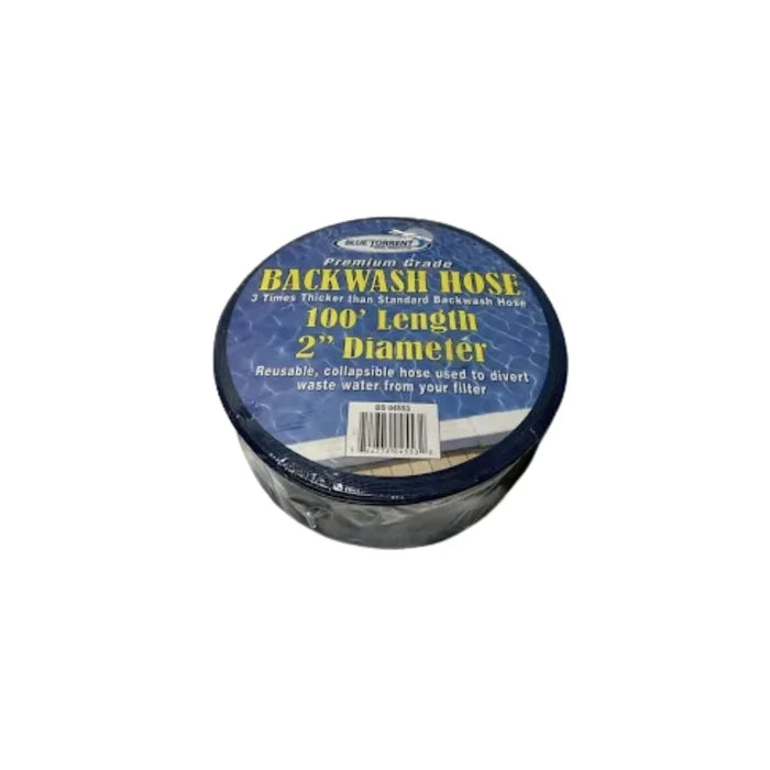 Blue Torrent premium grade 2-inch diameter by 100-foot length swimming pool filter backwash hose, rolled up with retail label