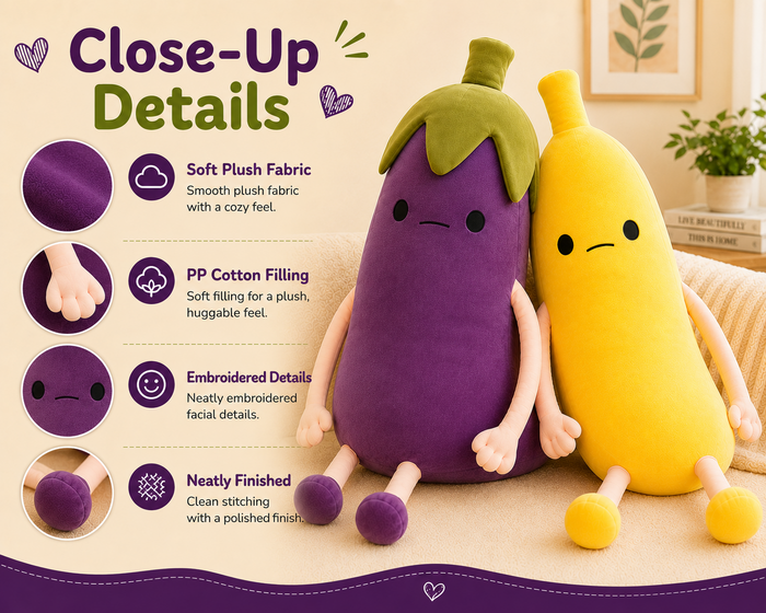 Banana and eggplant plush pillow close-up details