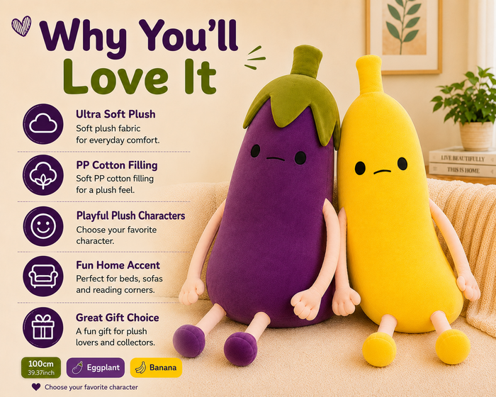 Banana and eggplant plush pillow product features