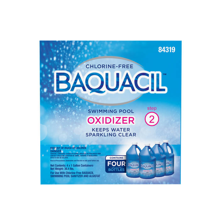 Close-up of the Baquacil Oxidizer Case of 4 Gallons (Step 2) product label, highlighting that it keeps water sparkling clear and contains four 1-gallon bottles