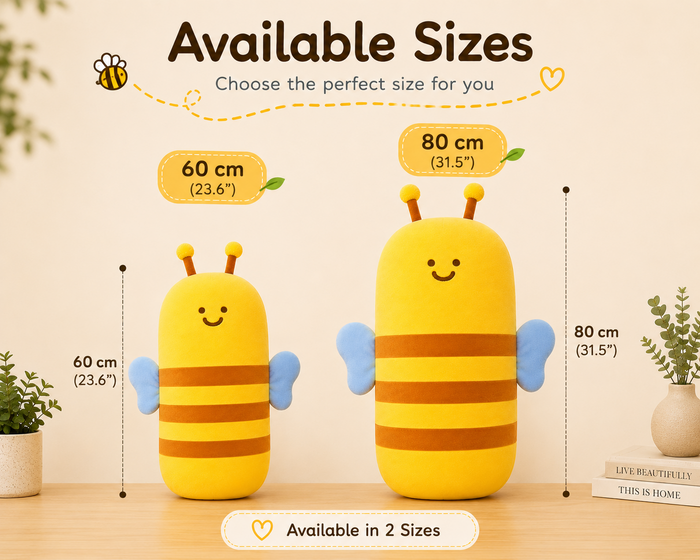 Bee plush pillow available in 60 cm and 80 cm sizes