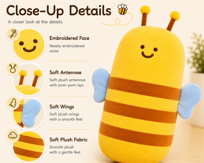 Bee plush pillow close-up embroidered face antennae wings and fabric