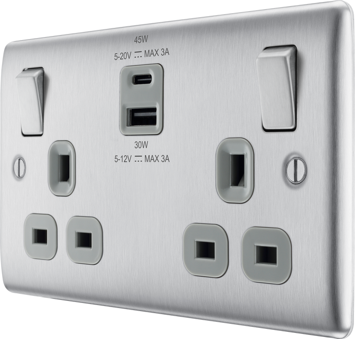 BG NBS22UAC45G Nexus Metal Brushed Steel Double 13A Socket with Type A and C Charger 45W