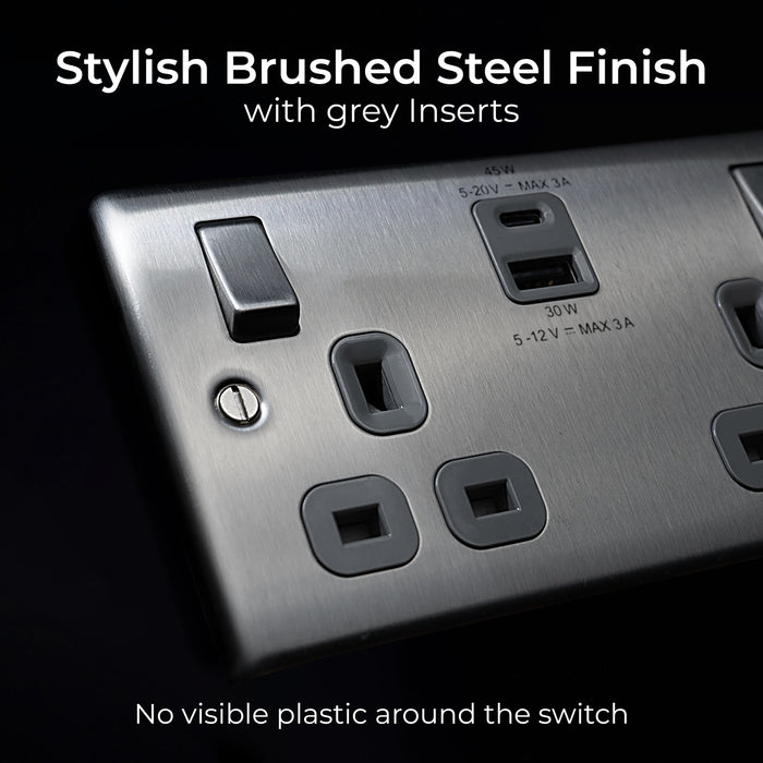BG NBS22UAC45G Nexus Metal Brushed Steel Double 13A Socket with Type A and C Charger 45W
