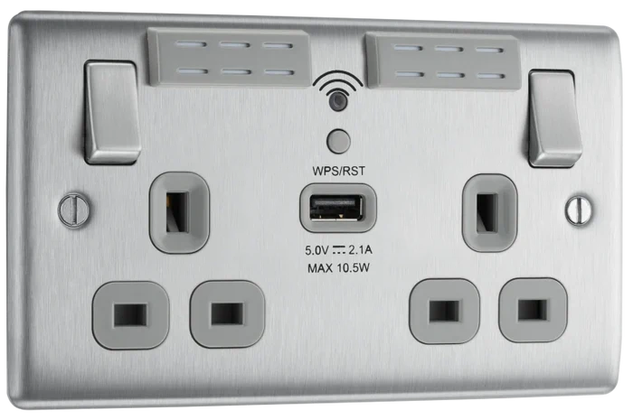 BG NBS22UWRG 13A Brushed Steel Double Socket with WiFi Range Extender & USB (Grey Insert)