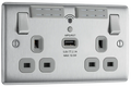 BG NBS22UWRG 13A Brushed Steel Double Socket with WiFi Range Extender & USB (Grey Insert)