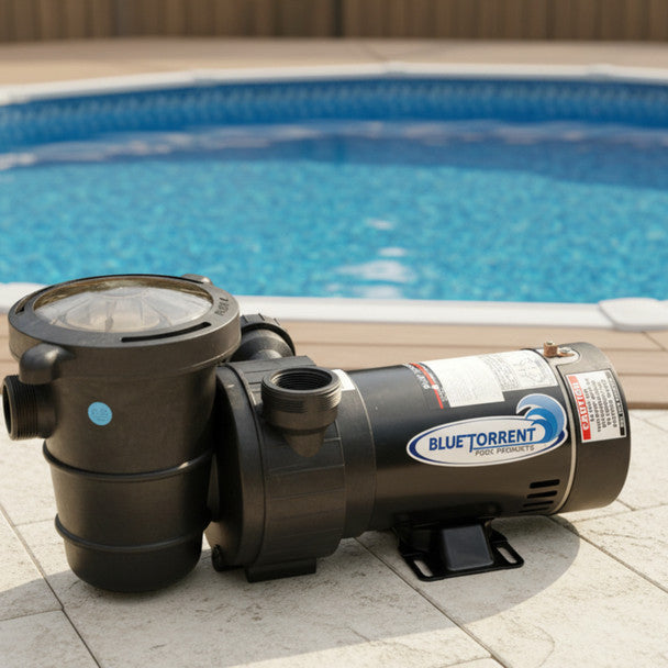 Blue Torrent Dual Port 1.5 HP Maxi High Speed Above Ground Swimming Pool Pump installed poolside