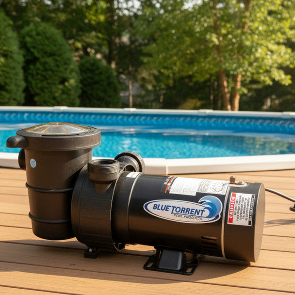Blue Torrent Dual Port 1.5 HP Maxi High Speed Above Ground Swimming Pool Pump installed poolside