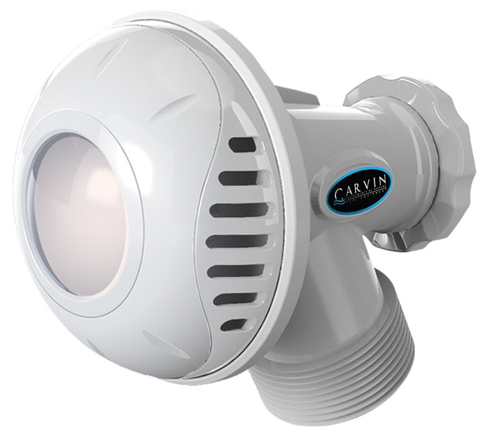 Carvin StarWhite LED above-ground pool light and water return fitting, showing a close-up of the threaded jet body and front lens