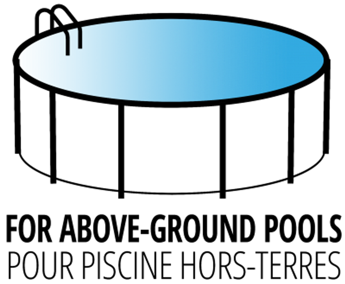 Carvin LED pool light compatibility graphic featuring an illustration of an above-ground pool and bilingual text confirming it is designed "For Above-Ground Pools."